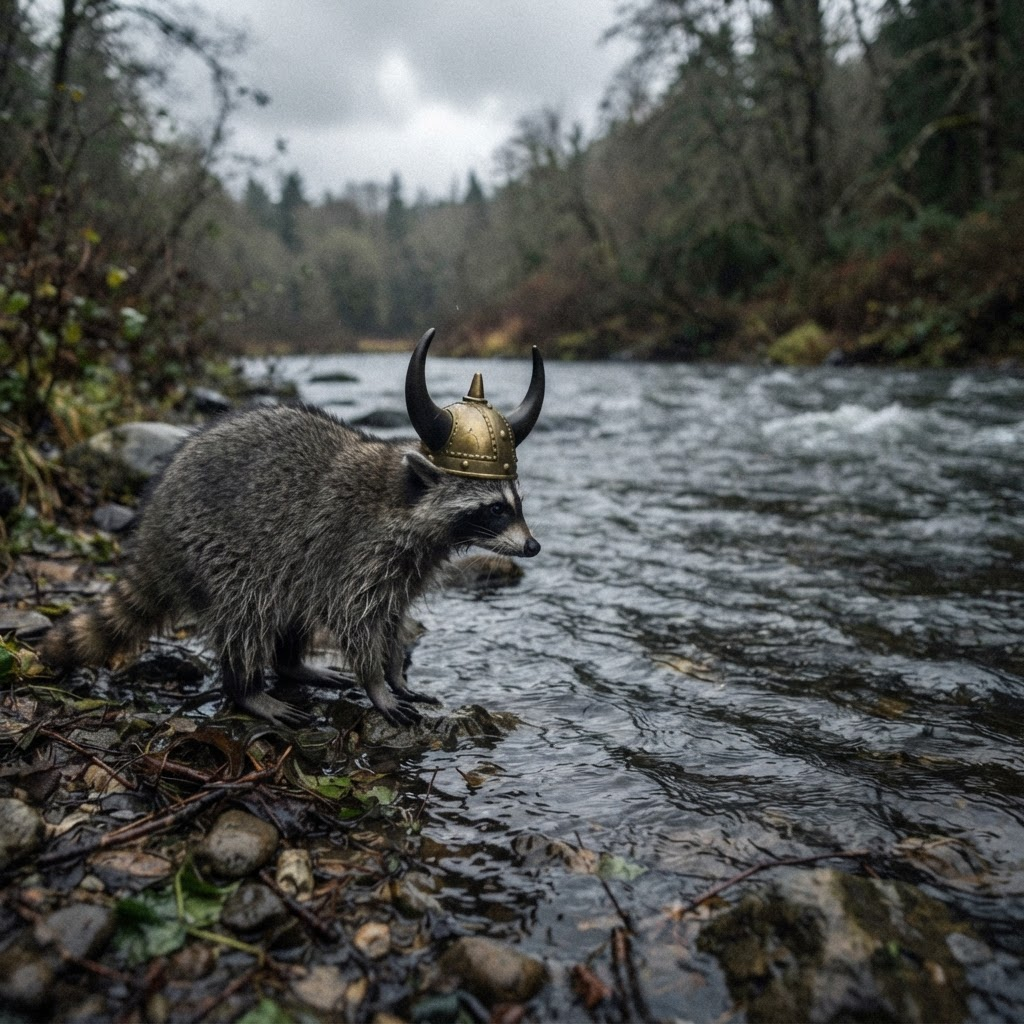 Jimothy the raccoon staring into a river